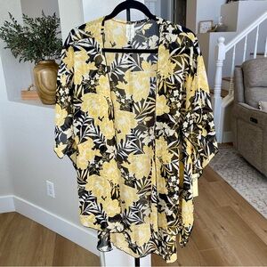 NWT Per Seption Concept Floral Kimono Cardigan XL Yellow Black Open Front Boho